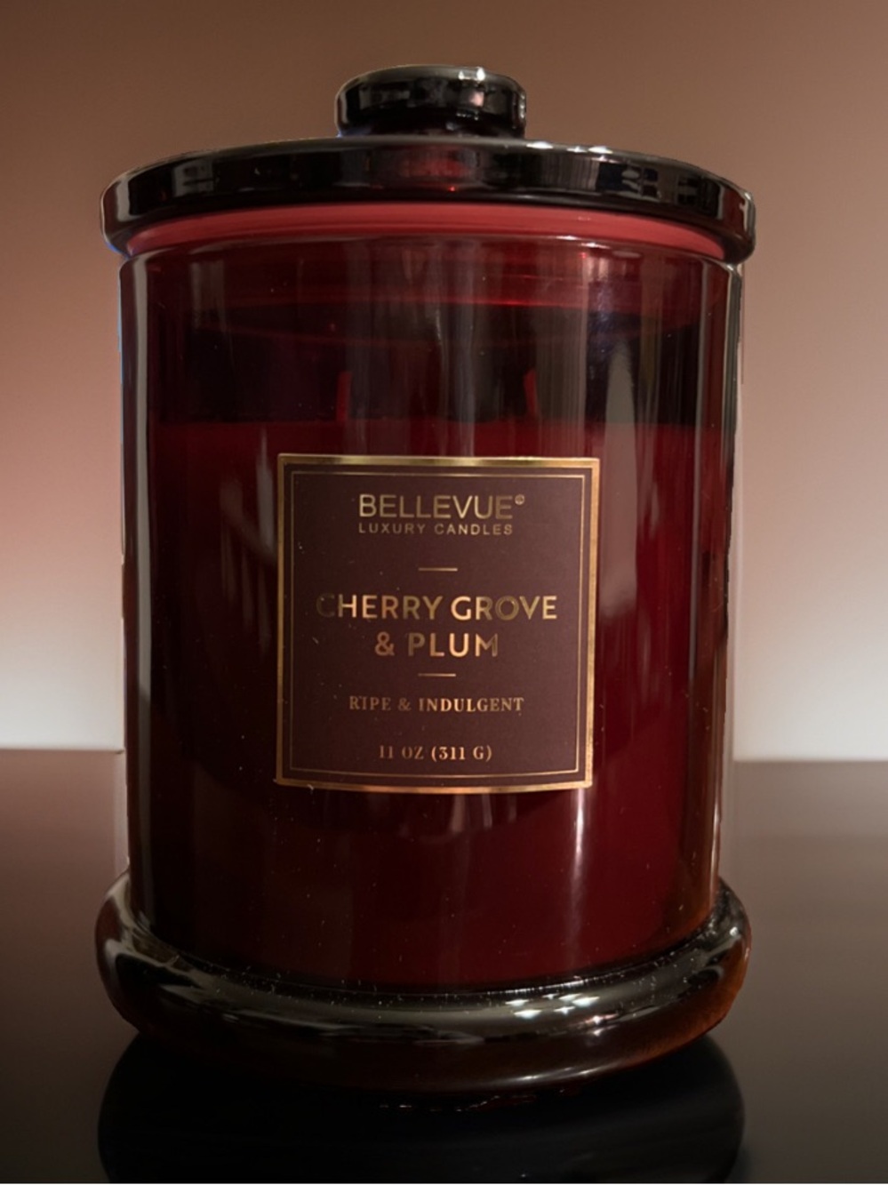 BELLEVUE CHERRY GROVE AND PLUM LUXURY SOY BLEND CANDLE IN COVERED GLASS JAR